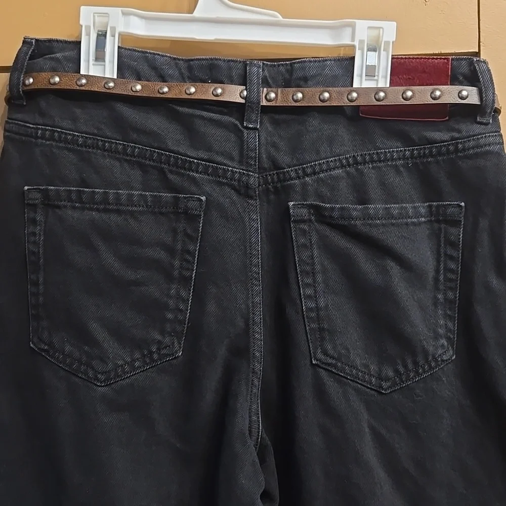 Zara Black Denim Bermunda Short With Brown Belt Size 4 - Picture 6 of 7